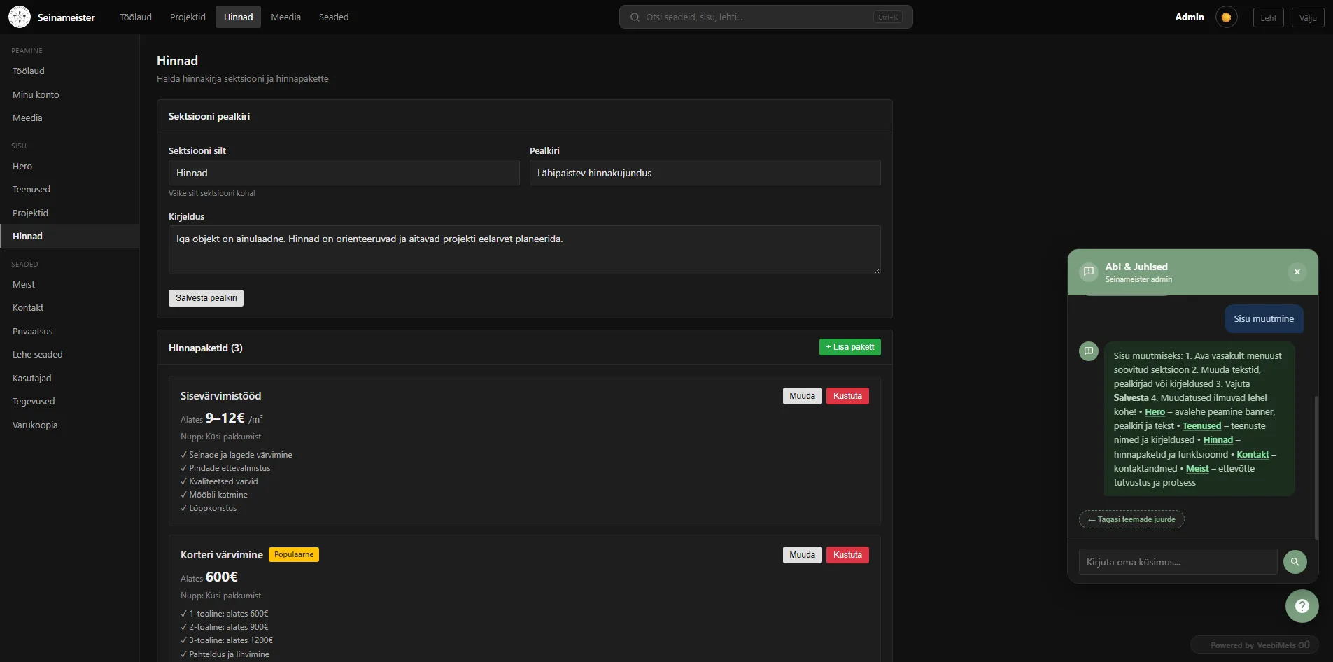 Varvimistood.ee hindade haldamine