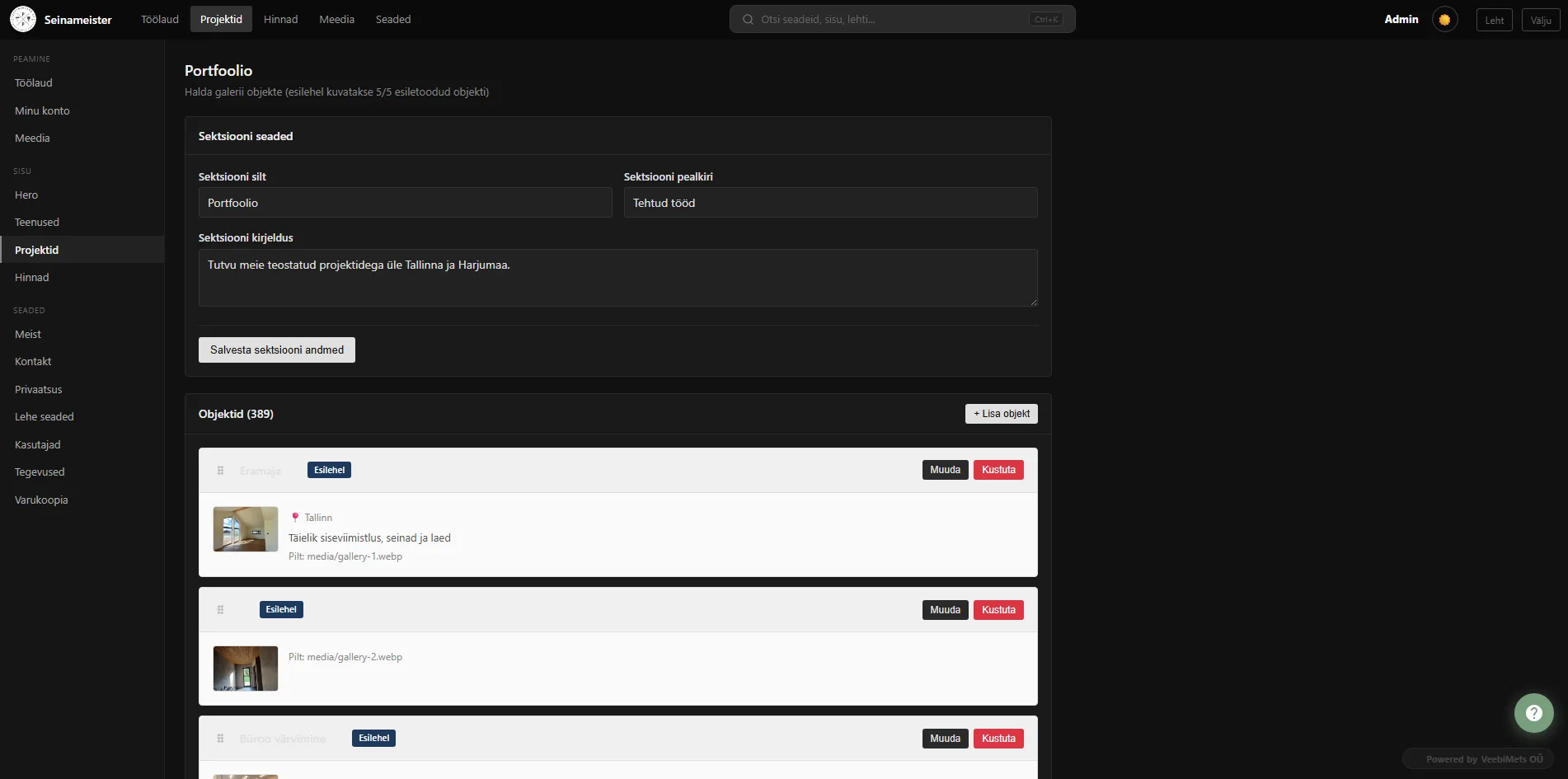 Varvimistood.ee projektide haldamine